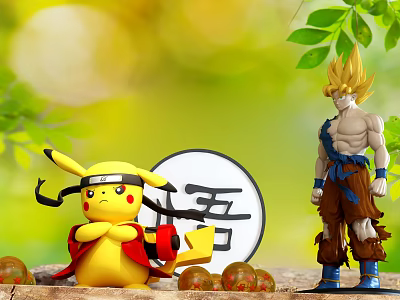 Yellow Ninja Style Doll And Blonde Muscular Doll With Green Leaves Round Sign Orange Orbs 3d model