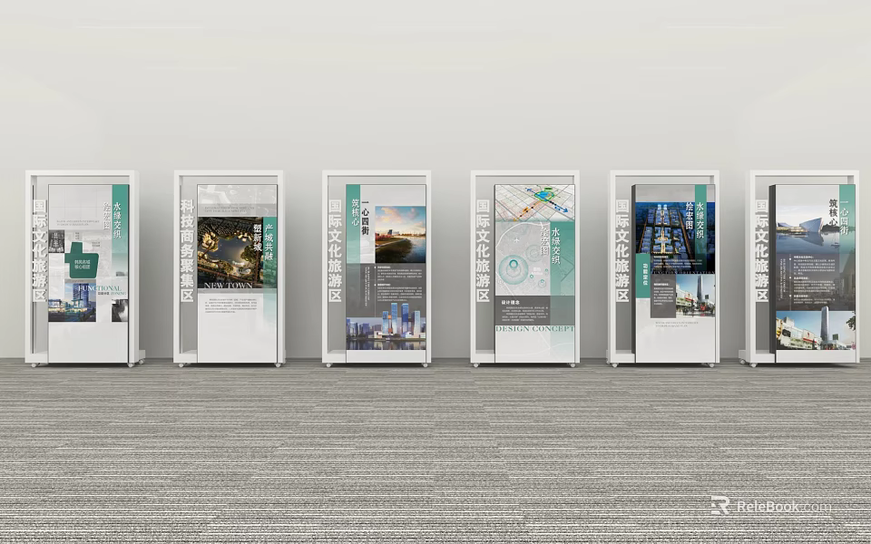 Modern Exhibition Hall Culture Wall With Multiple Display Panels Showcasing Architectural Images And Text 3d model 