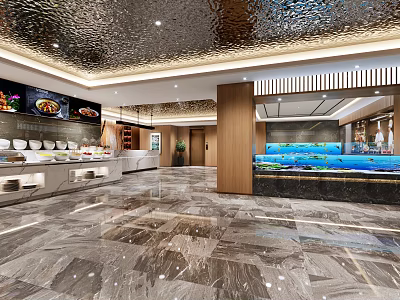 Modern Restaurant Interior With Open Kitchen Marble Floor Display Counters Aquarium And TV Screens 3d model