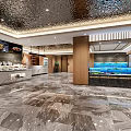 Modern Restaurant Interior With Open Kitchen Marble Floor Display Counters Aquarium And TV Screens