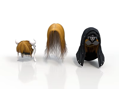 Different Cosplay Wigs and Headpieces with Horns Long Blonde Hair Black Hooded Mask 3d model