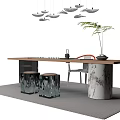 Modern Tea Table and Chairs with Marble Pedestal Hanging Lights and Green Plant Decor