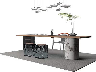 Modern Tea Table and Chairs with Marble Pedestal Hanging Lights and Green Plant Decor 3d model