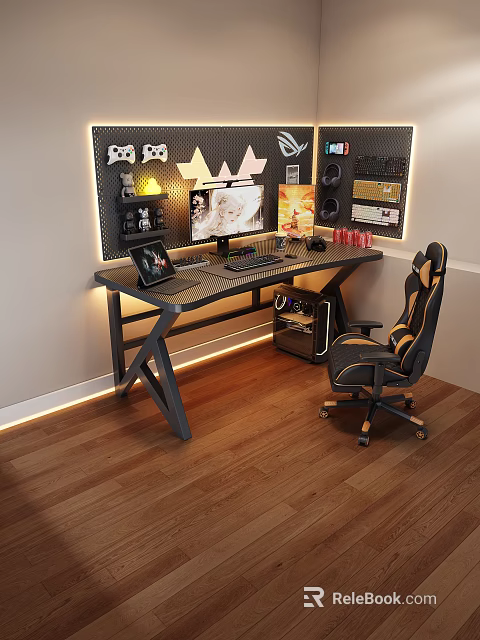 Modern Gaming Desk and Chair Set With Computer Monitor Keyboard RGB Lighting and Ergonomic Chair 3d model 