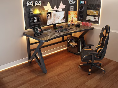 Modern Gaming Desk and Chair Set With Computer Monitor Keyboard RGB Lighting and Ergonomic Chair 3d model