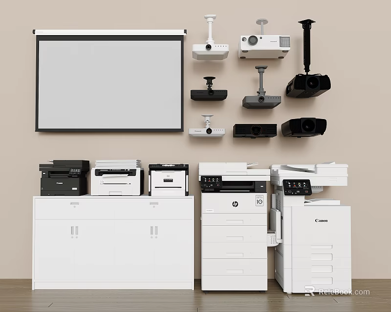 Office Equipment Display Including Projector Screen Projectors Printers And Filing Cabinets 3d model