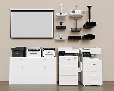 Office Equipment Display Including Projector Screen Projectors Printers And Filing Cabinets 3d model