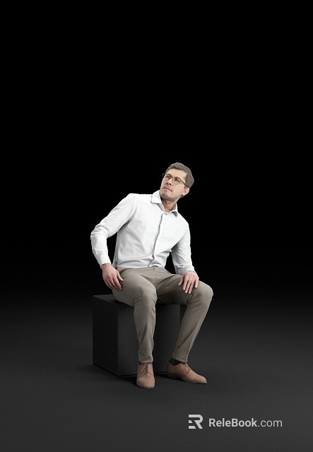 Man Sitting on Black Cube in White Shirt and Khaki Pants Against Black Background 3d model 