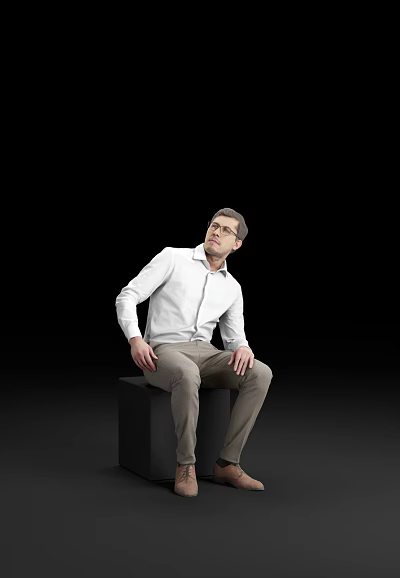 Man Sitting on Black Cube in White Shirt and Khaki Pants Against Black Background 3d model