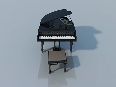 Elegant Black Grand Piano With Matching Wooden Stool And Polished Finish 3d model