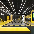 Modern Fitness Center With Yellow Black Design Neon Lights Motivational Signs And Exercise Floor Patterns
