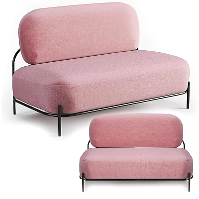 Pink Fabric Two Seater Sofa With Modern Design And Black Metal Frame 3d model