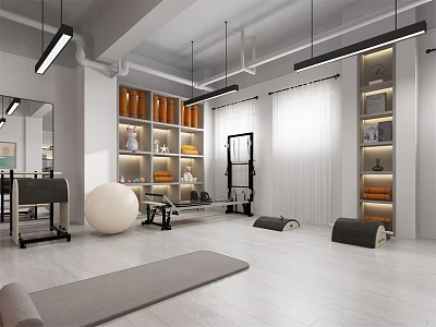 Modern Fitness Studio Interior With Yoga Mat Exercise Ball And Storage Shelves 3d model