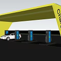 Modern Gas Station Exterior With Yellow Canopy Fuel Pumps And Cars