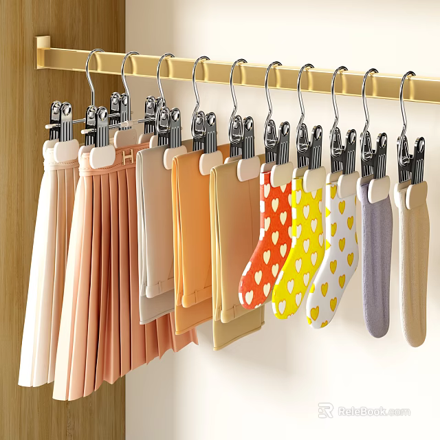 Variety Of Clothes Hanging On Wooden Hangers 3d model 