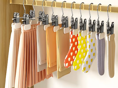 Variety Of Clothes Hanging On Wooden Hangers 3d model