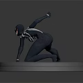 Dark Clad Character And Creature Kneeling On Round Platform With Yellow Dual Stripes Raising Arm