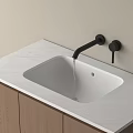 Modern Minimalist Bathroom Sink with White Countertop Black Wall Mounted Faucet and Wooden Cabinets