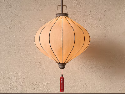 Traditional Style Hanging Lantern With Red Tassel Against Textured Wall 3d model