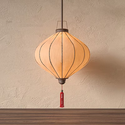 Traditional Style Hanging Lantern With Red Tassel Against Textured Wall 3d model