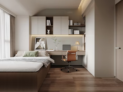 Minimalist Tatami Bedroom Interior With Tatami Bed Wooden Desk And Built in Bookshelf 3d model