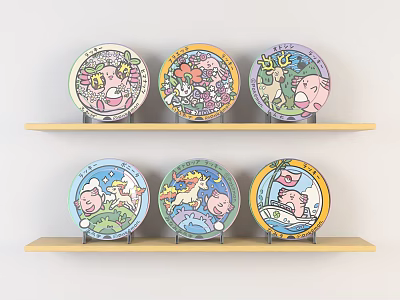Colorful Cartoon Pattern Plates Arranged On Wooden Shelves For Decorative 3d model