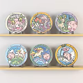Colorful Cartoon Pattern Plates Arranged On Wooden Shelves For Decorative