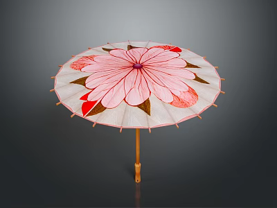 Modern White Canopy Umbrella With Large Pink Floral Pattern And Wooden Handle 3d model