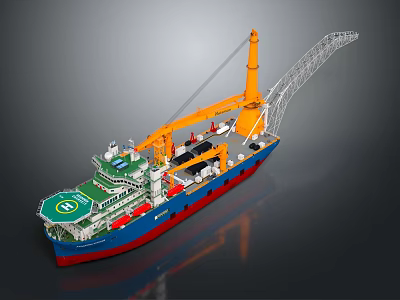 Engineering Vessel with Large Orange Crane Structure Green Deck and Blue Hull Maritime Offshore Equipment 3d model