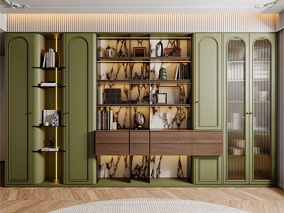Modern Study Room Interior Design With Green Cabinets Bookshelves And Decorative Items 3d model