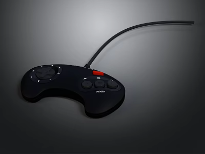 Black Wired Game Controller With Red Action Button And Ergonomic Grip 3d model