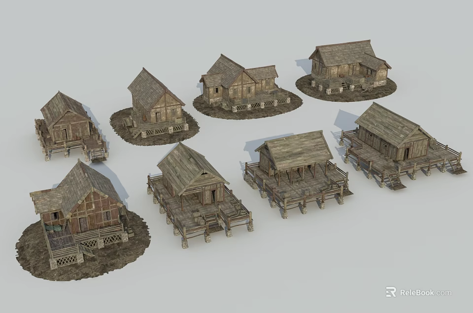 Multiple Wooden Detached House Models With Various Designs Wooden Roofs And Bases 3d model 