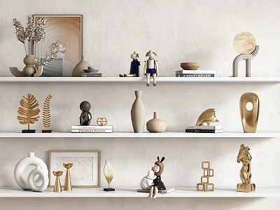 Minimalist Decorative Ornament Set With Geometric Figurines Vases And Leaf Decor On Shelves 3d model