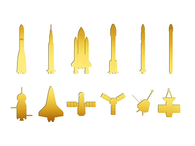 Golden Rocket And Spacecraft Silhouettes Set With Various Types And Design Elements 3d model
