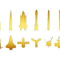 Golden Rocket And Spacecraft Silhouettes Set With Various Types And Design Elements 3d model