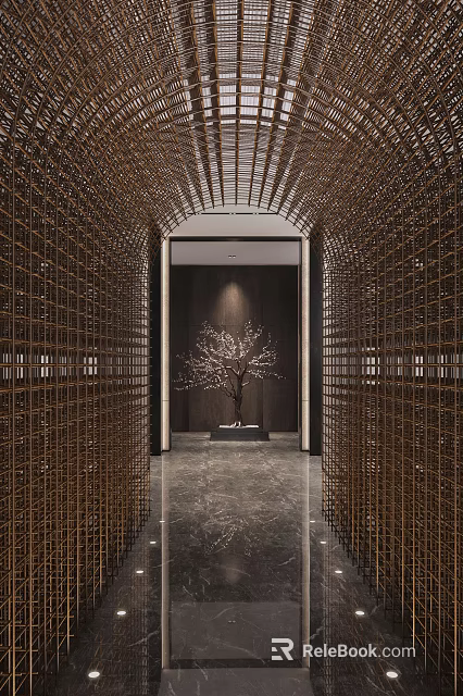 Modern Elegant Office Hallway With Metal Grid Marble Floor And Decorative Tree 3d model 