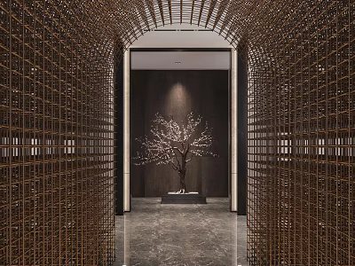 Modern Elegant Office Hallway With Metal Grid Marble Floor And Decorative Tree 3d model