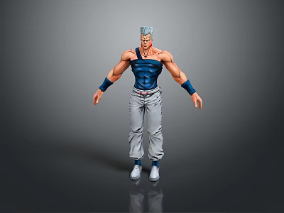Muscular Anime Character With Blue Vest Gray Pants And White Hair Action Figure 3d model