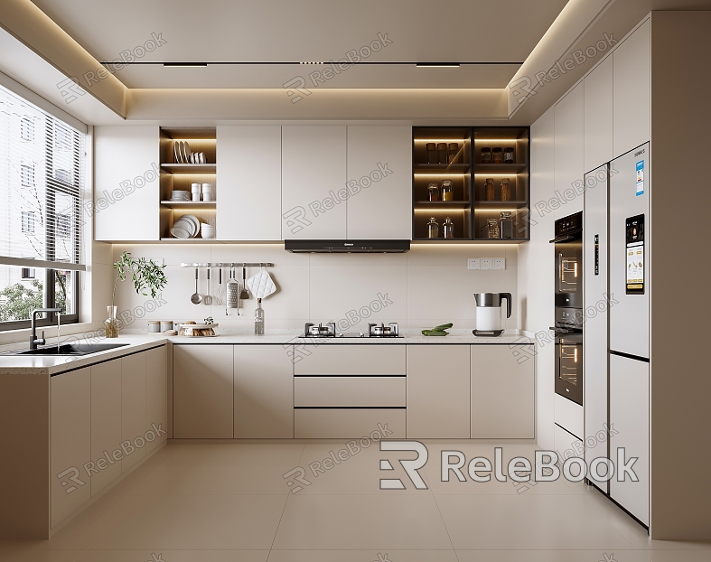 Modern Cream Style Kitchen Refrigerator Gas Stove Range Hood Washing Pot Bowl Cabinet U-shaped Kitchen Electrical Cabinet Oven model