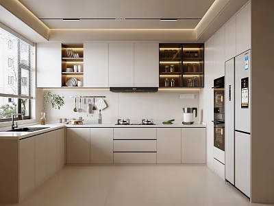 Modern Kitchen Interior Design With White Cabinets Sleek Countertop Appliances And Potted Plant 3d model