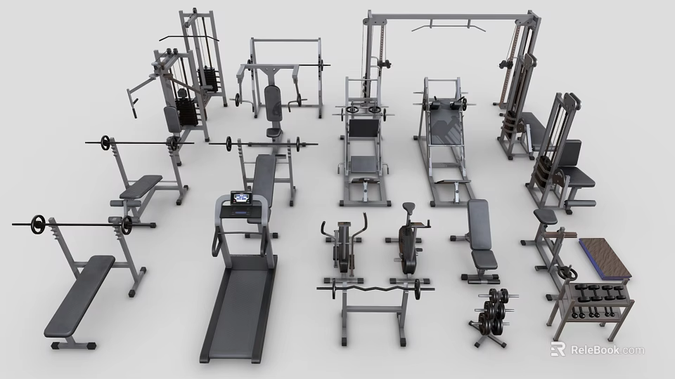 Gym Fitness Equipment Collection Featuring Treadmill Dumbbells Bench Press Smith Machine And Rowing Machine 3d model 