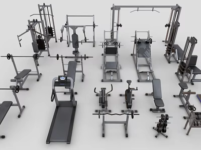 Gym Fitness Equipment Collection Featuring Treadmill Dumbbells Bench Press Smith Machine And Rowing Machine 3d model