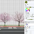 Two Outdoor Pink Flowering Trees With Gray Wall And Red Pavement