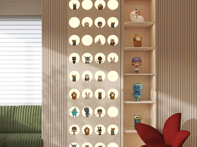 Modern Figure Display Cabinet With Circular Cutouts For Collectible Figurines In Living Room 3d model