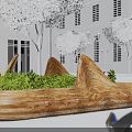 Natural Wooden Landscape Seat With Green Plants Among White Buildings Trees And Street Lamps