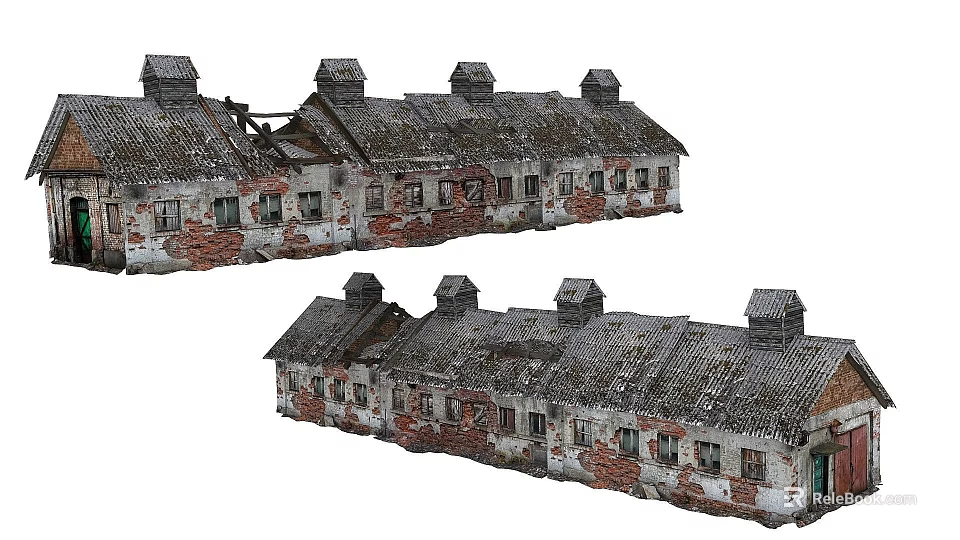 Dilapidated Industrial Factory Building With Red Brick Walls Roof Chimneys And Old Windows 3d model 