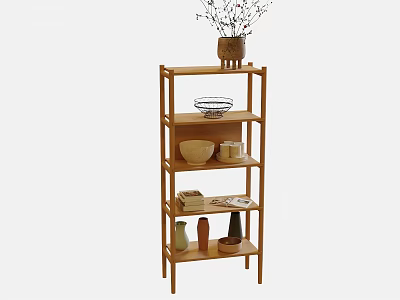 Minimalist Multi tiered Bamboo Storage Shelf with Potted Plant Bowls Cups Books and Decorative Items 3d model