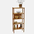 Minimalist Multi tiered Bamboo Storage Shelf with Potted Plant Bowls Cups Books and Decorative Items