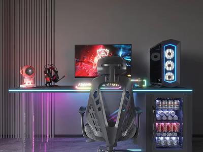 Gaming PC Setup With RGB Lighting Monitor Chair Headphones Game Screen And Drink Fridge 3d model