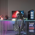 Gaming PC Setup With RGB Lighting Monitor Chair Headphones Game Screen And Drink Fridge